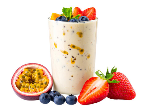 Passion fruit, blueberry and strawbery milkshake isolated on transparent background.