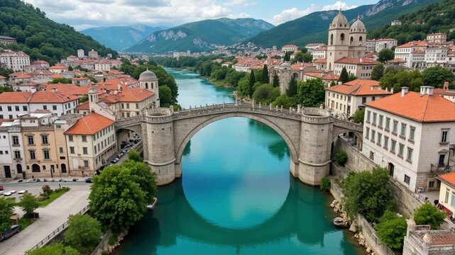 Stunning aerial view of Mostar, Bosnia, showcasing the historic Stari Most bridge over the Neretva River with Ottoman and Austro-Hungarian architecture, captured in 4K video footage