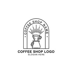 Minimalist coffee shop logo design featuring a pour-over brewing setup and radiating lines.