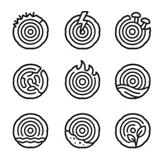 Tree Ring Icons. Outline icon set of tree ring natural effects: frost damage, lightning strike, fungus infection, insect tunnels,