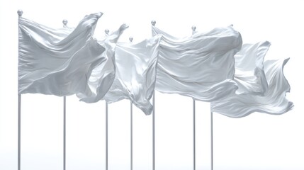 Multiple white flags shown side by side on poles, each with unique motion--fluttering, still, slightly curved--high detail cloth, isolated on white background