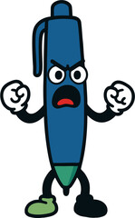 Illustration of a cartoon blue pen mascot with angry face, clenched fists, and furious expression, great for stationery, education, stress, conflict, and office concepts.