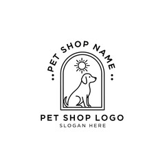Fototapeta premium A minimalist line art logo design featuring a dog, sun, and arched frame for a pet shop.