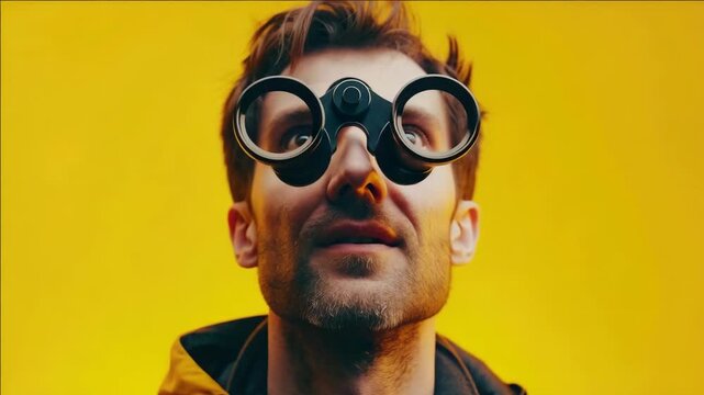 Man with binoculars looking into the distance, suggesting intrigue or mystery.