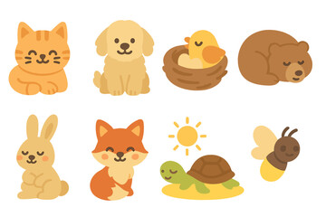 Warmth and Wildlife Icons. Flat vector mini-illustrations warmth animals in colors children's illustrations: cuddly cat, fluffy