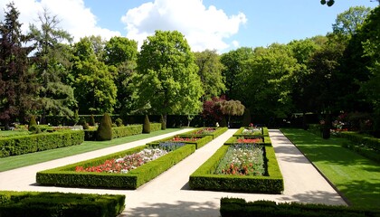 Formal garden paths lined with flowers and hedges