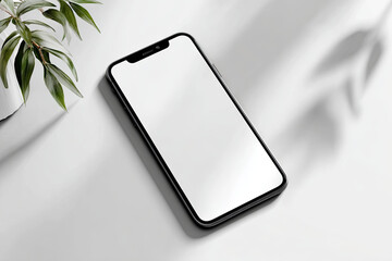 Minimalist smartphone displaying blank white screen, positioned on pristine surface, botanical silhouette casting delicate shadows under soft sunlight