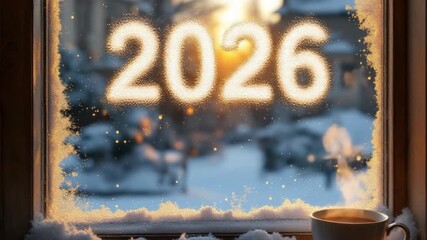 Winter sunset filtering through frosted windowpane, revealing 2026 inscription, steaming mug resting on windowsill, embodying warm, anticipatory seasonal mood - Powered by Adobe
