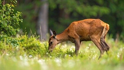 A young deer grazes in a lush forest meadow