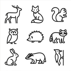 Woodland Animal Icons. Outline icon set of woodland animals: deer, fox, squirrel, owl, hedgehog, raccoon, rabbit, badger,