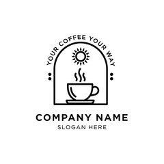 Minimalist coffee logo featuring a steaming cup, sun, and arched frame, with text.
