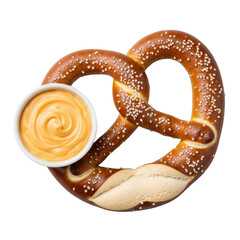 Large soft pretzel, golden brown with coarse salt, beside a small ramekin of vibrant cheddar beer cheese dip, on a clean transparent studio background. Professional food photography concept