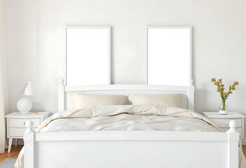  A white Scandinavian bed frame, two ISO A poster mockups in slim white frames above, styled with pastel bedding and airy curtains.
