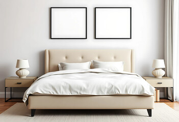  A beige upholstered bed with layered linen bedding, two ISO A poster mockups in black steel frames above, styled with minimalist nightstands and ceramic lamps.