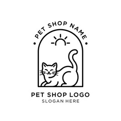 Simple line art logo for a pet shop, featuring a cat and sun design.