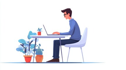 Fototapeta premium A cartoon character sits at a desk working on a laptop, wearing glasses and casual attire,