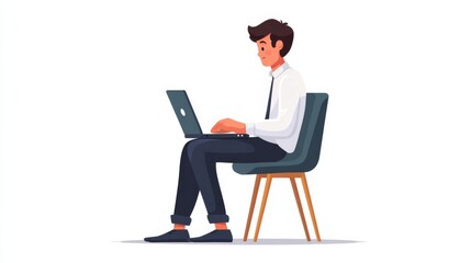 A professional man in a white shirt and dark pants sits focused on his laptop, working diligently in a clean,