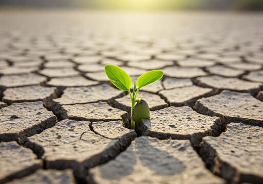 Resilient Plant Growing in Cracked Earth - Drought, Survival, Hope, Growth, Environment, Nature, Resilience Concept.