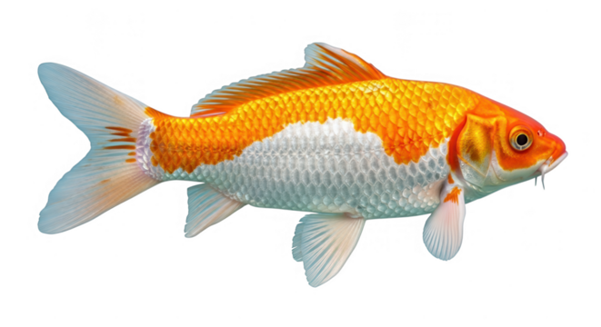A vibrant orange and white koi fish swimming gracefully isolated on transparent background - Powered by Adobe