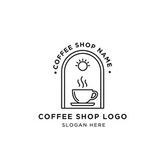 Minimalist coffee shop logo design featuring a steaming cup, sun, and arched window.