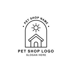 Minimalist line art logo for a pet shop featuring a dog house under a shining sun within an arch frame, with text placeholders.