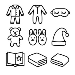 Kids Nightwear Icons. Outline icon set of kids nightwear: cartoon pajamas, onesie, sleep mask, teddy bear, slippers, nightcap,