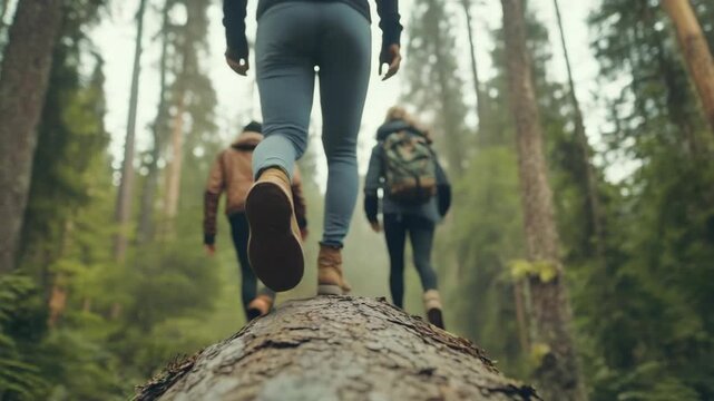 Two people hiking in the woods, carrying backpacks and wearing boots. Walking on a log as they traverse the forest trail.
