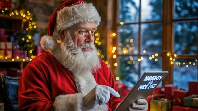 Santa Claus uses a modern tablet to check his Naughty or Nice list in his cozy workshop, surrounded by gifts and festive lights