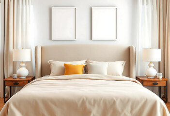 Obraz premium A soft beige fabric bed with a wingback headboard, two ISO A poster mockups in thin white frames above, styled with ceramic lamps and light curtains.