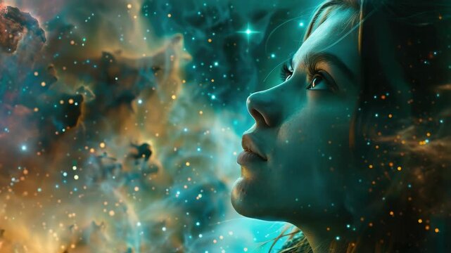Mystical woman gazes into the cosmos, contemplating the universe.