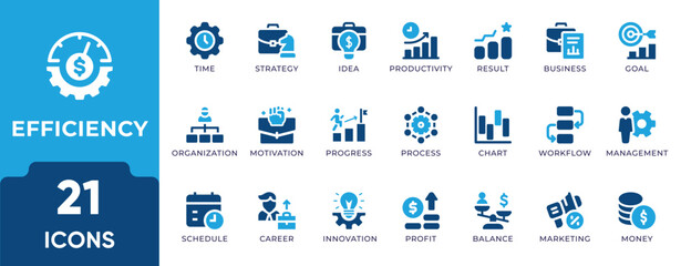 Productivity and Efficiency Icon Set. Features symbols of workflow, time management, task completion, teamwork, and improvement. Perfect for business and corporate use.