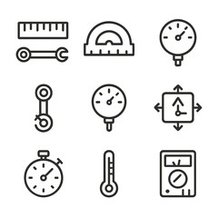 Mechanics Icon Set. Outline icon set of mechanics measurements: ruler, protractor, dial gauge, torque wrench, pressure gauge,