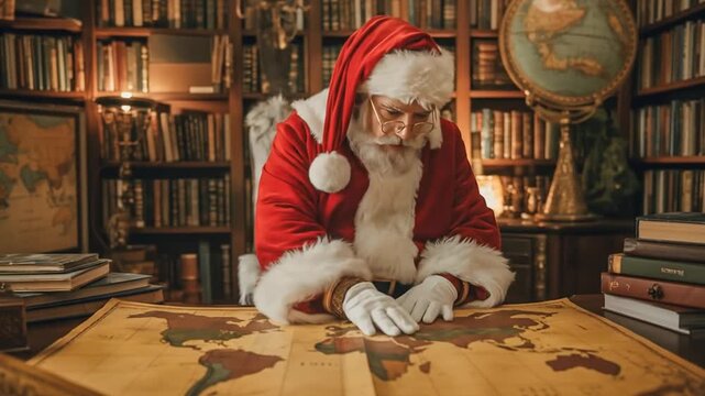 Santa Claus plans his global Christmas Eve journey, carefully studying a vintage world map in his cozy, book-lined study