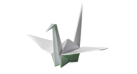 A grey and white origami crane, a beautiful paper craft.