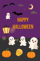 Happy Halloween festive greeting card with cute ghost, pumpkin, bat, moon, lantern. Autumn holiday concept. Vector illustration for banner, poster