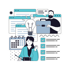 Project management concept for modern web design. People marking tasks with checklist, brainstorming and analyzing new ideas, creating strategy, development and improvement. Vector illustration.