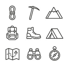 Fototapeta premium Mountain Exploration Icons. Outline icon set of mountain exploration: climbing rope, ice axe, mountain peak, backpack, hiking