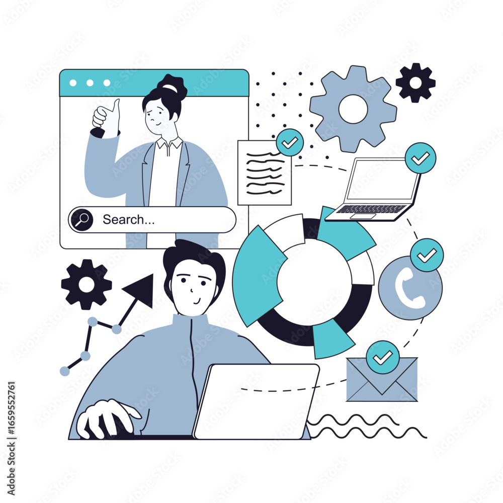 Wall mural project management concept for modern web design. people brainstorming, creating success strategy, w