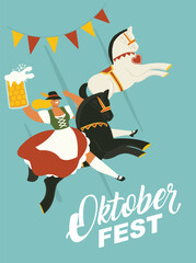 Woman in Bavarian skirt riding a horse on a carousel. Poster for Oktoberfest National flavor, beer mugs, food, festive atmosphere and lots of beer. Vector templates are ideal for advertising