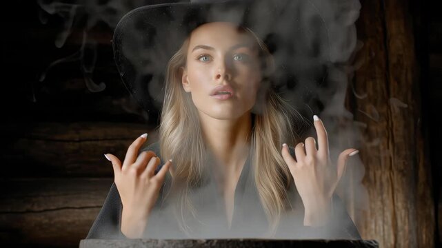 Young Woman in Black Hat Gazing Into Cauldron Surrounded by Mystical Steam
