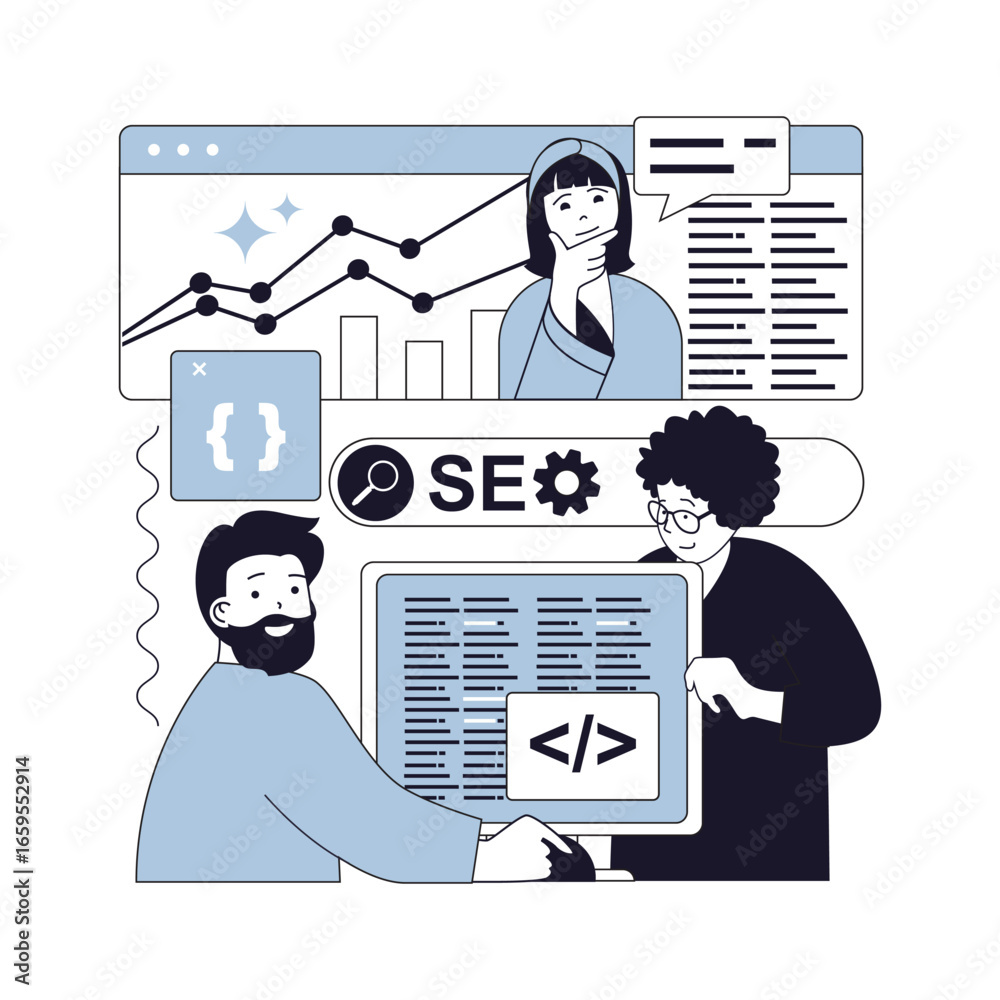 Wall mural seo optimization concept for modern web design. people research online website traffic data with cha