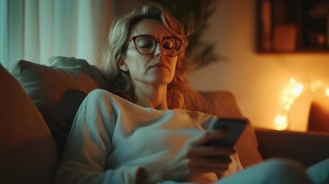 A woman in casual clothing is sitting on a couch, checking her smartphone. The scene captures a moment of modern living where technology plays an integral role in our daily activities.
