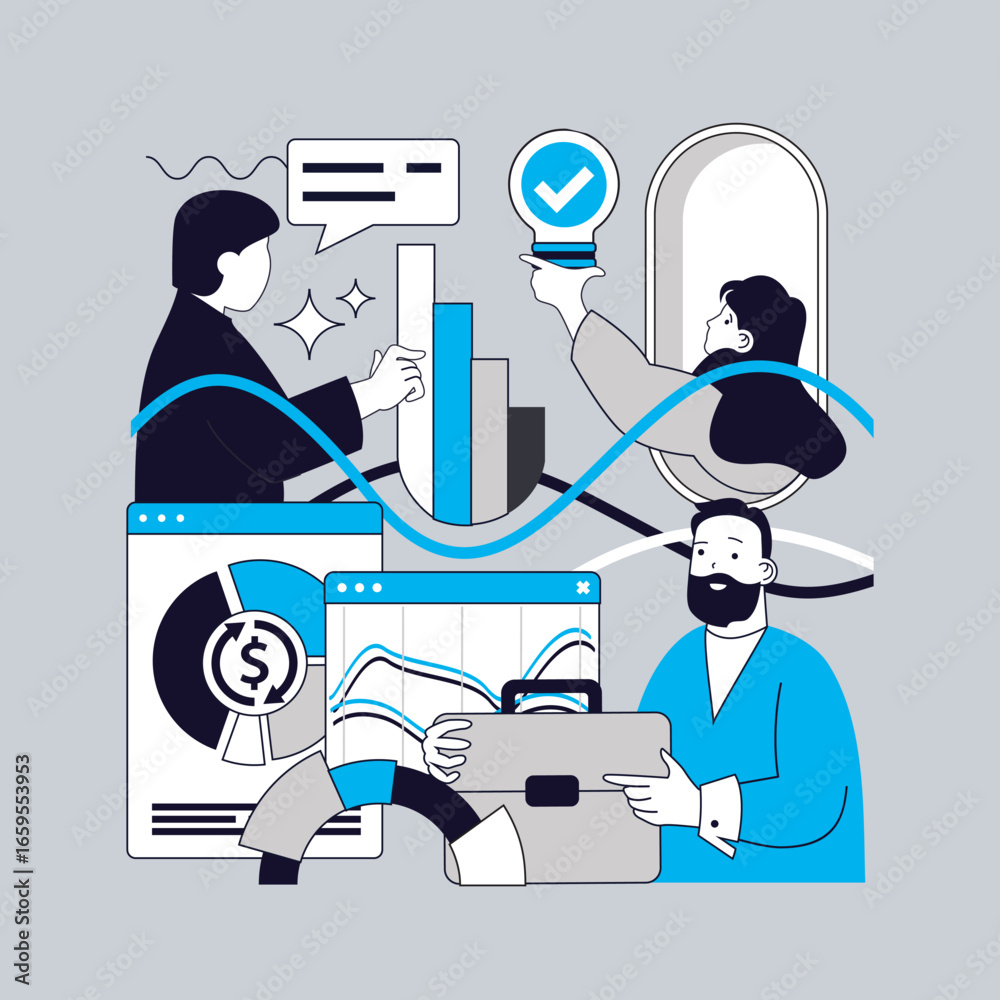 Wall mural statistics and analytics concept for modern web design. people analyzing economy datum results, calc