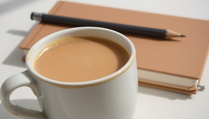 Close up of coffee in a mug with a pencil on a notebook beverage drink