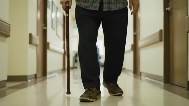 Elderly man walking with a cane in a hospital corridor, with staff attending in the background