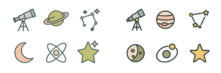 Space and Astronomy Icons, Minimalist flat design
