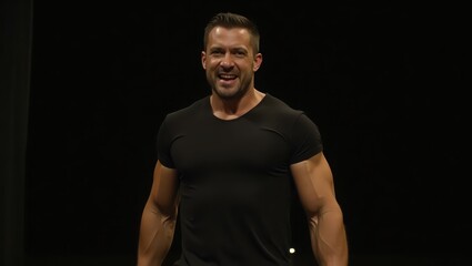 Fototapeta premium A muscular man in a black t-shirt, displaying a confident and enthusiastic expression, stands against a stark black backdrop.