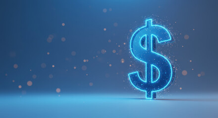 Glowing Digital Dollar Sign with Particles on a Blue Background