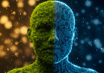 Human-Machine Hybrid Nature vs. Technology, AI Fusion, Digital and Organic, Circuitry Portrait.