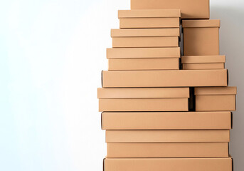 Towering Stack of Brown Cardboard Boxes in Minimalist White Setting, Symbolizing Moving, Packaging, Organization, and Logistics for Business or Relocation
